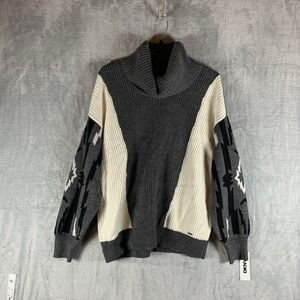 DKNY Womens Sweater M Cowl Turtleneck Aztec Sleeves Color Block Gray Chunky Knit